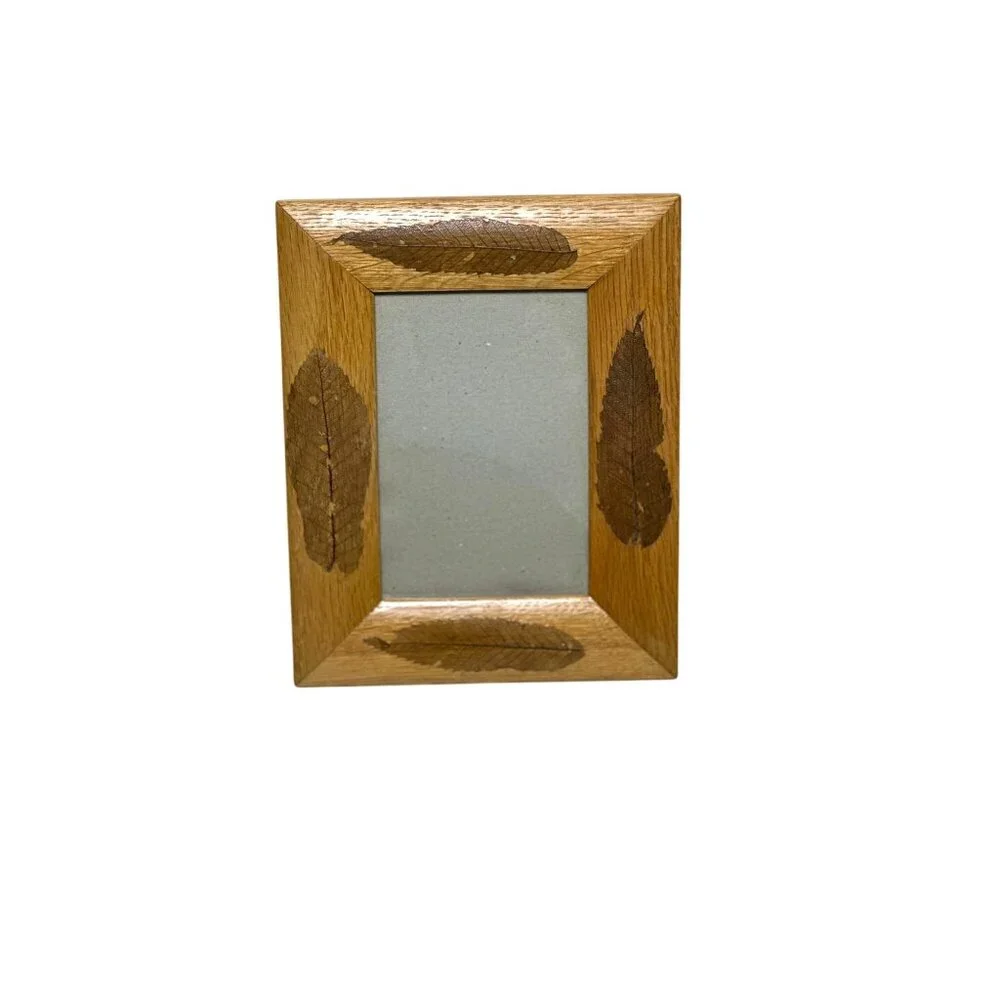 Vintage Handmade Wood Picture Frame with Pressed Leaves | Botanical Photo Displa